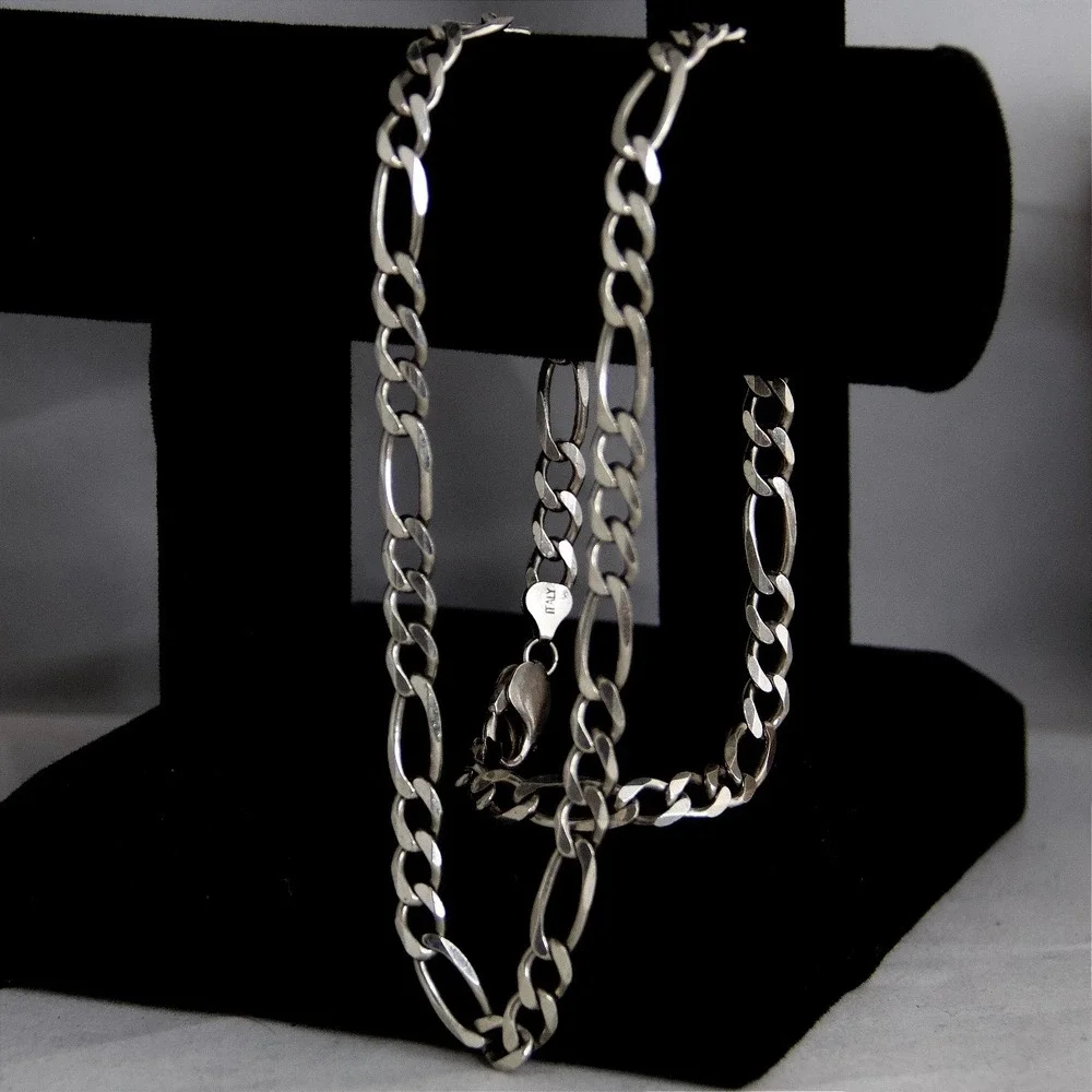 VTG HEAVY Sterling Silver Figaro Link Chain Necklace Italy 925 22 Inch 37g 7mm